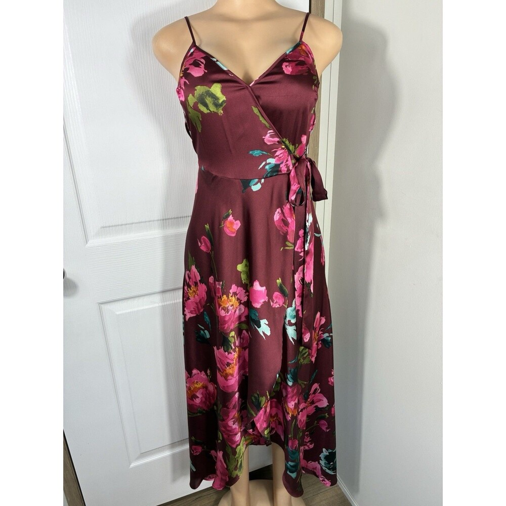Xhilaration Womens Maxi Dress Sz XS Magenta Floral Satin Faux Wrap Surplice